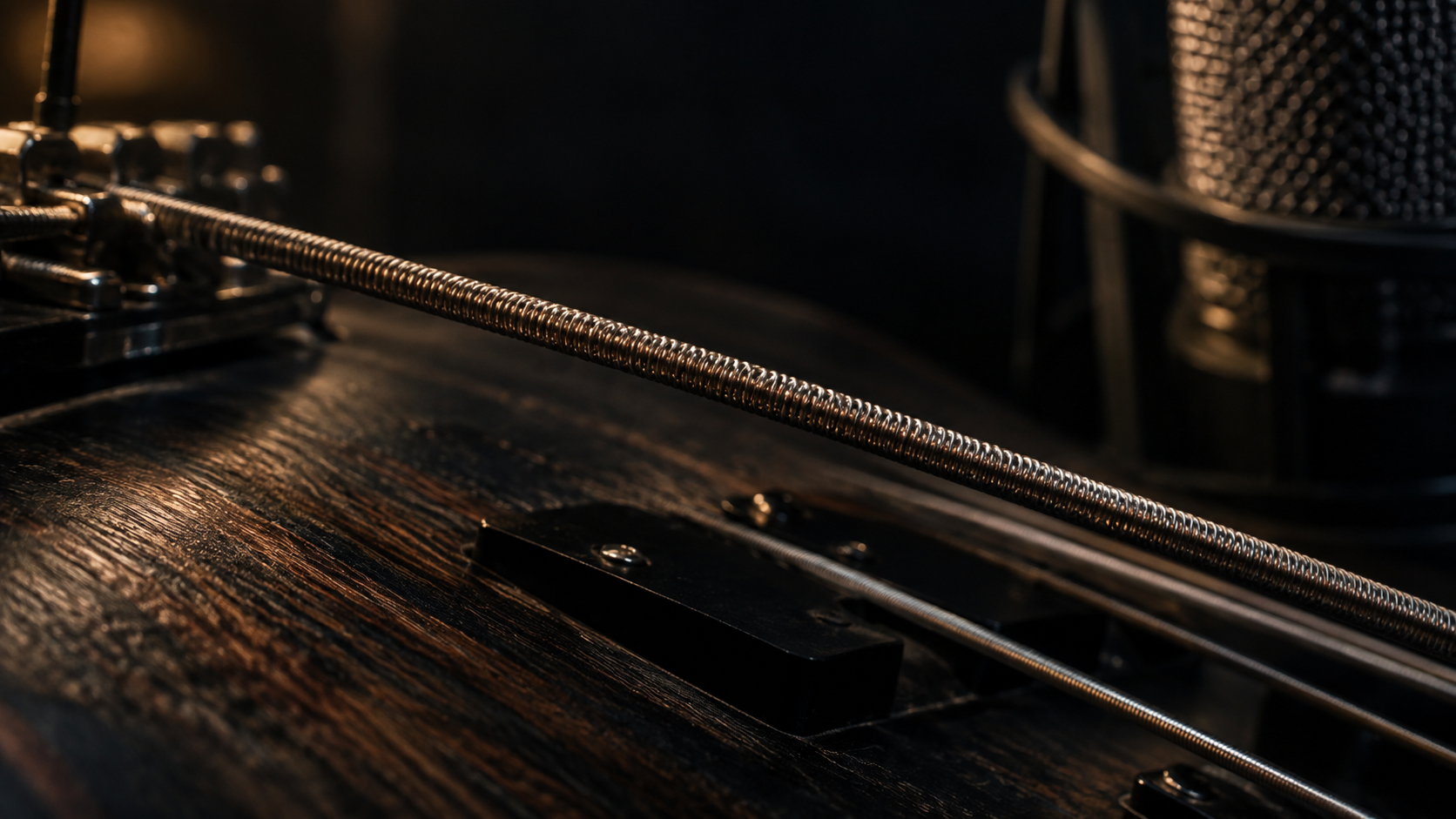Macro view of a bass string and studio microphone