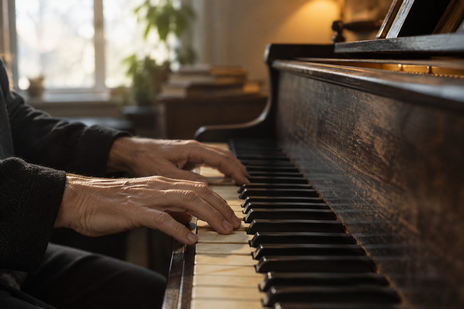 Hands playing worn piano keys